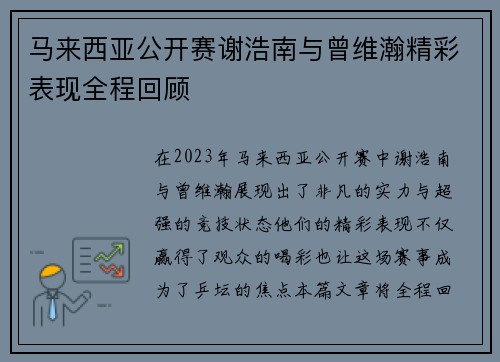 马来西亚公开赛谢浩南与曾维瀚精彩表现全程回顾